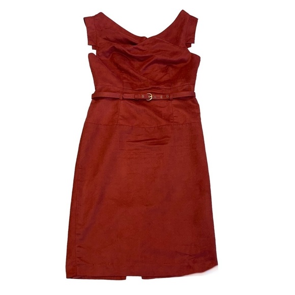 Sharagano Women's Red Jackie O Belted faux suede midi Dress Sz 8 - Picture 2 of 12